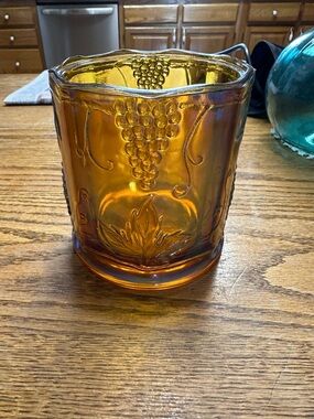 Amber Iridescent Glass Tumbler with Grape Motif